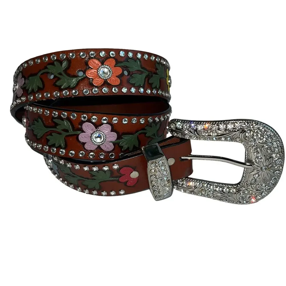 3-D Rhinestone Hand Tooled Hand Painted Leather Belt Bling Buckle Retro 38